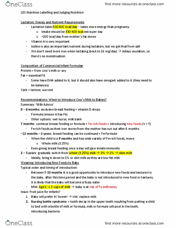 NUTR 120 Lecture Notes - Lecture 19: Skimmed Milk, Wet Nurse, Dental Caries thumbnail