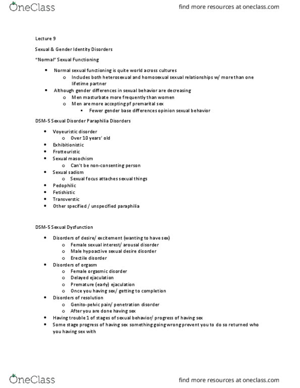 PSY 322 Lecture Notes - Lecture 9: Delayed Ejaculation, Premarital Sex, Paraphilia thumbnail