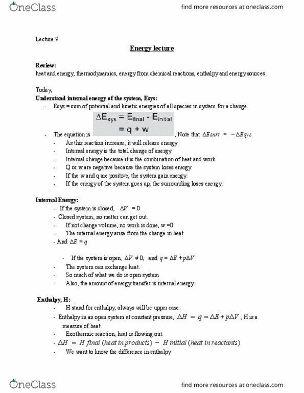 CHEM 1001 Lecture Notes - Lecture 9: Exothermic Reaction, Internal Energy, Enthalpy cover image