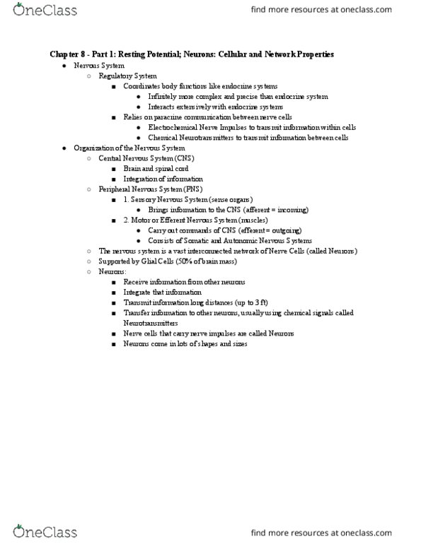 BISC306 Chapter Notes - Chapter 8: Central Nervous System, Peripheral Nervous System, Action Potential thumbnail