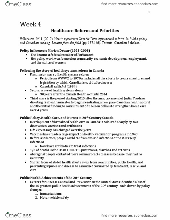 Nursing 4440A/B Chapter Notes - Chapter 4: Marion Dewar, Canada Health Act, Justin Trudeau thumbnail