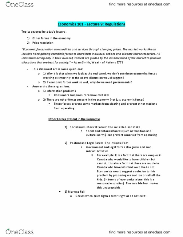 ECON101 Lecture Notes - Lecture 9: Price Floor, Invisible Hand, Equilibrium Point cover image