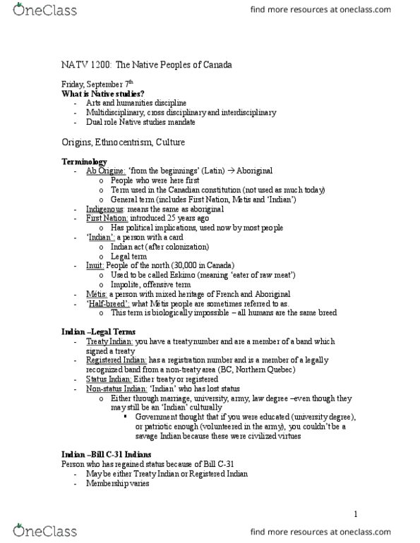 NATV 1200 Lecture Notes - Lecture 1: Indian Register, Half-Breed, Dual Role thumbnail