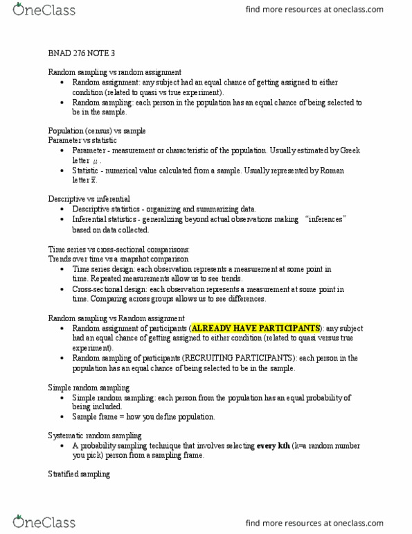 BNAD 276 Lecture Notes - Lecture 3: Simple Random Sample, Statistical Inference, Stratified Sampling thumbnail