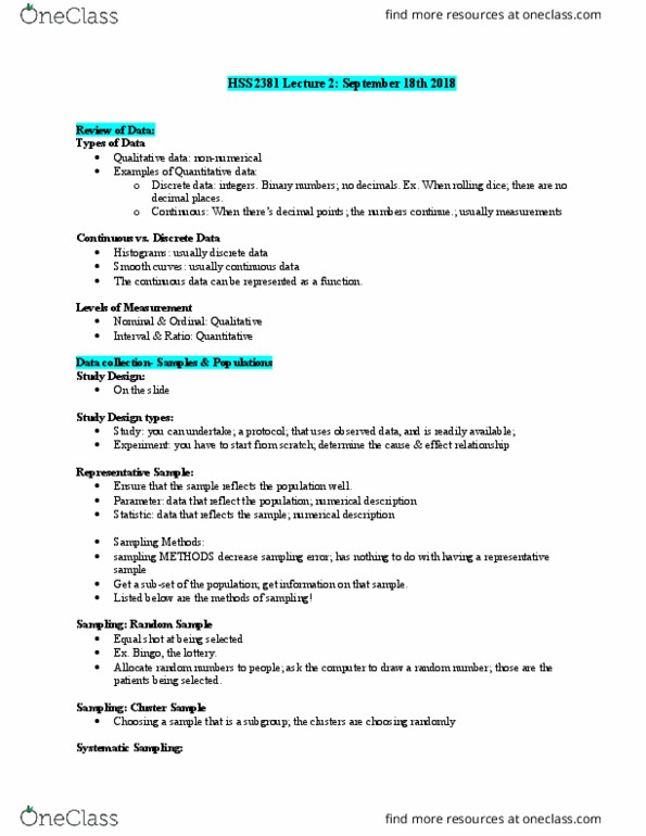 HSS 2381 Lecture Notes - Lecture 2: Central Limit Theorem, The Bell Curve, Qualitative Property thumbnail