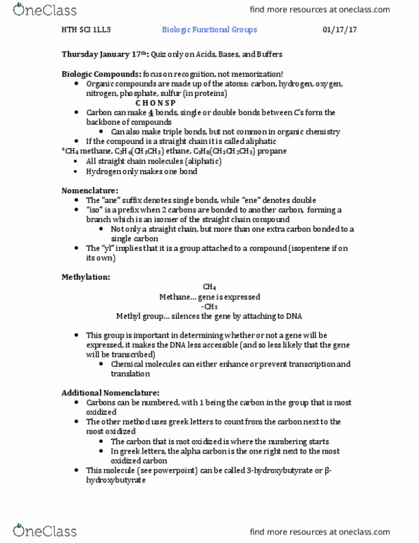 HTHSCI 1LL3 Lecture Notes - Lecture 3: Alpha And Beta Carbon, Aliphatic Compound, Methyl Group thumbnail