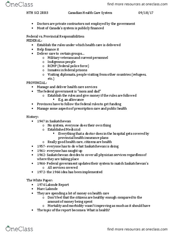 HTHSCI 2RR3 Lecture Notes - Lecture 2: Health Care In Canada, Marc Lalonde, Health System thumbnail