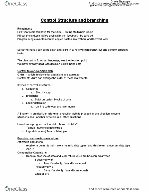 COMP 1405 Lecture Notes - Lecture 5: Control Flow, Flowchart thumbnail