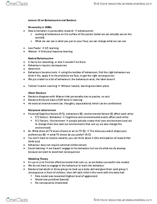 PSYC 3300 Lecture Notes - Lecture 15: Albert Bandura, Role Model, Random Assignment thumbnail