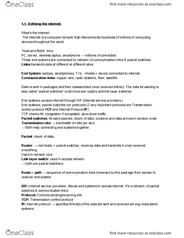 CNT 4713 Lecture Notes - Lecture 1: Transmission Control Protocol, Packet Switching, End System thumbnail