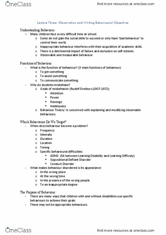 EDUC3300 Lecture Notes - Lecture 3: Rudolf Dreikurs, Oppositional Defiant Disorder, Conduct Disorder thumbnail