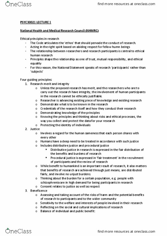 PSYC30021 Lecture Notes - Lecture 1: National Health And Medical Research Council, Procedural Justice, Distributive Justice thumbnail