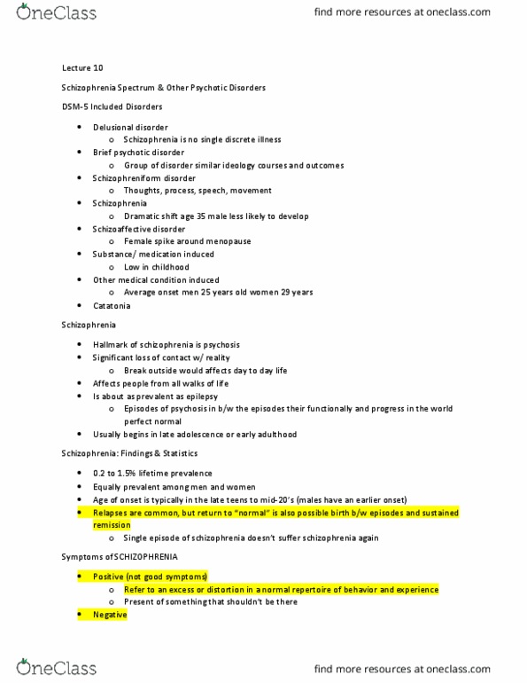 PSY 322 Lecture Notes - Lecture 10: Brief Psychotic Disorder, Schizophreniform Disorder, Schizoaffective Disorder thumbnail