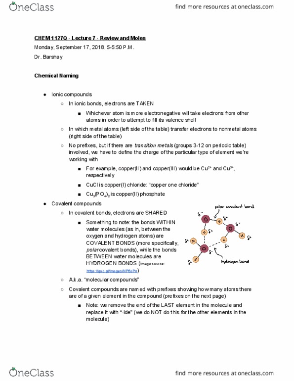 CHEM 1127Q Lecture Notes - Lecture 10: Copper(I) Chloride, Nonmetal, Covalent Bond cover image