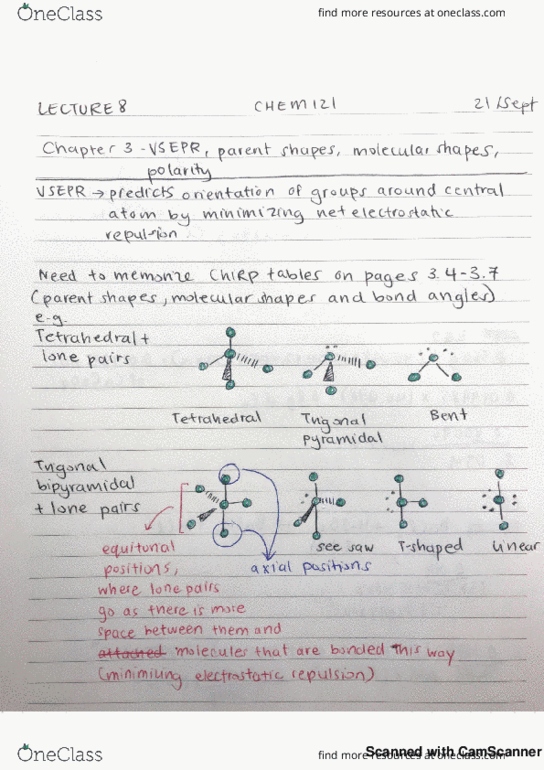 CHEM 121 Lecture 8: VSEPR, Parent Shapes, Molecular Shapes, Polarity cover image