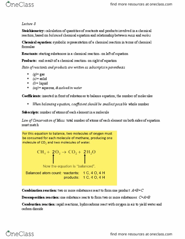 CHE 106 Lecture Notes - Lecture 9: Chemical Equation, Stoichiometry cover image
