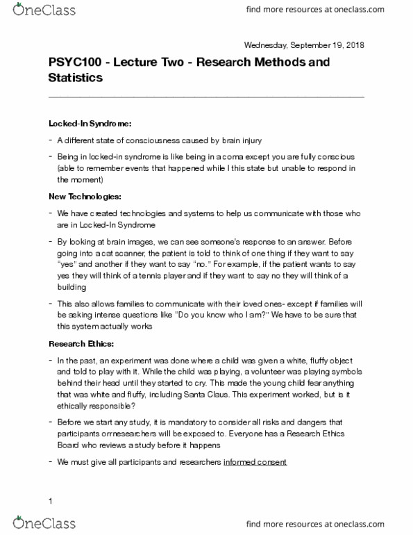 PSYC 100 Lecture Notes - Lecture 2: Probability Distribution, Normal Distribution, Mini–Mental State Examination cover image