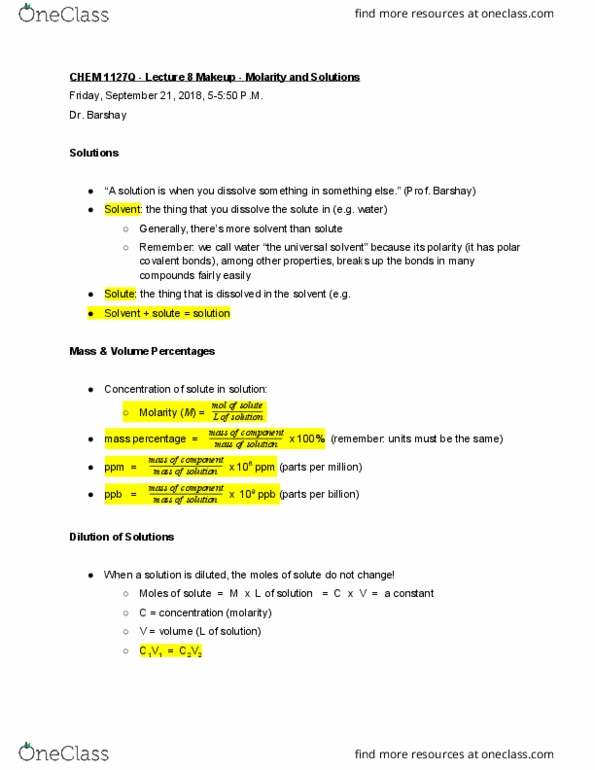 CHEM 1127Q Lecture Notes - Lecture 12: Molar Concentration, Covalent Bond thumbnail