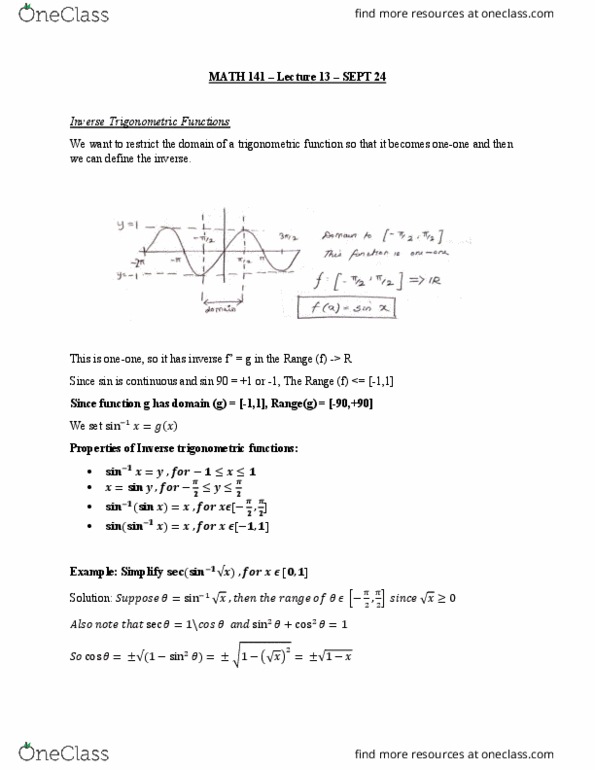 MATH 141 Lecture Notes - Lecture 13: Inverse Trigonometric Functions cover image
