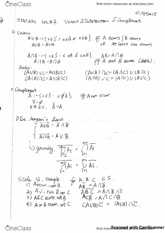 STAT230 Lecture 7: Stat 230 Lec 7 - Unions, Intersections, Compliment cover image