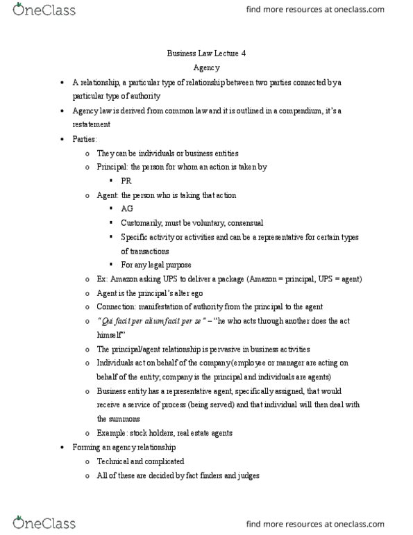 BUL 4310 Lecture Notes - Lecture 4: Law Of Agency, Specific Activity, Fiduciary thumbnail