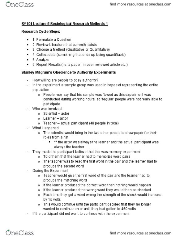 SY101 Lecture 5: SY101 Lecture 5 Sociological Research Methods 1 thumbnail