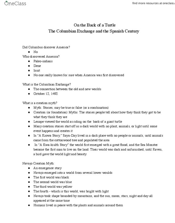HIST 1501 Lecture Notes - Lecture 1: The Columbian Exchange, Columbian Exchange, Creation Myth thumbnail