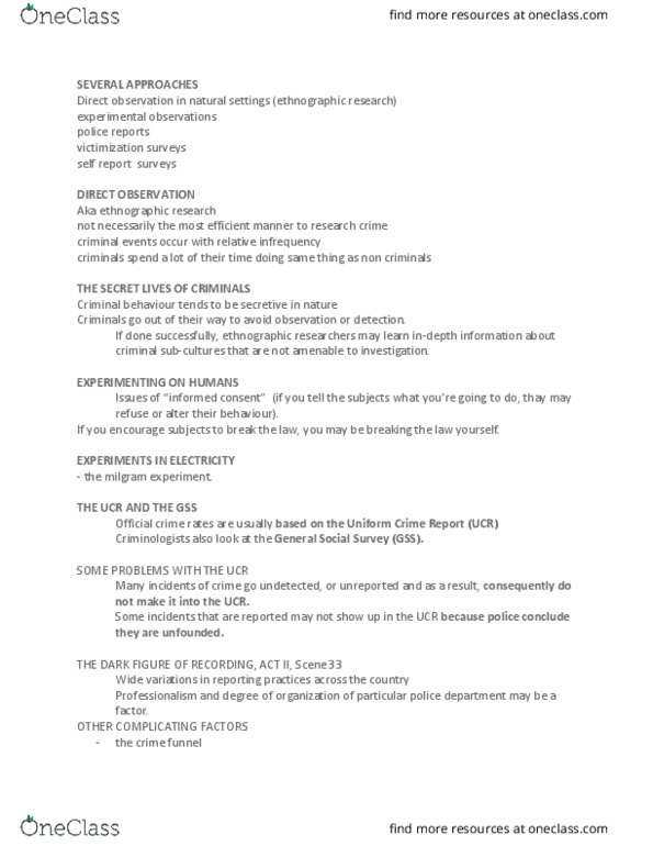 CRIM 101 Lecture Notes - Lecture 1: Uniform Crime Reports, General Social Survey, Milgram Experiment thumbnail