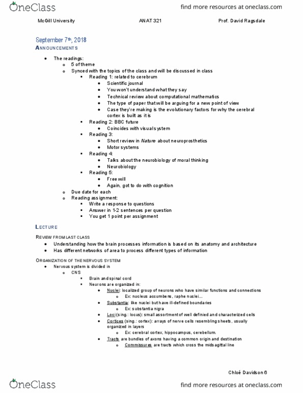 ANAT 321 Lecture Notes - Lecture 2: Substantia Nigra, David Ragsdale, Raphe Nuclei thumbnail