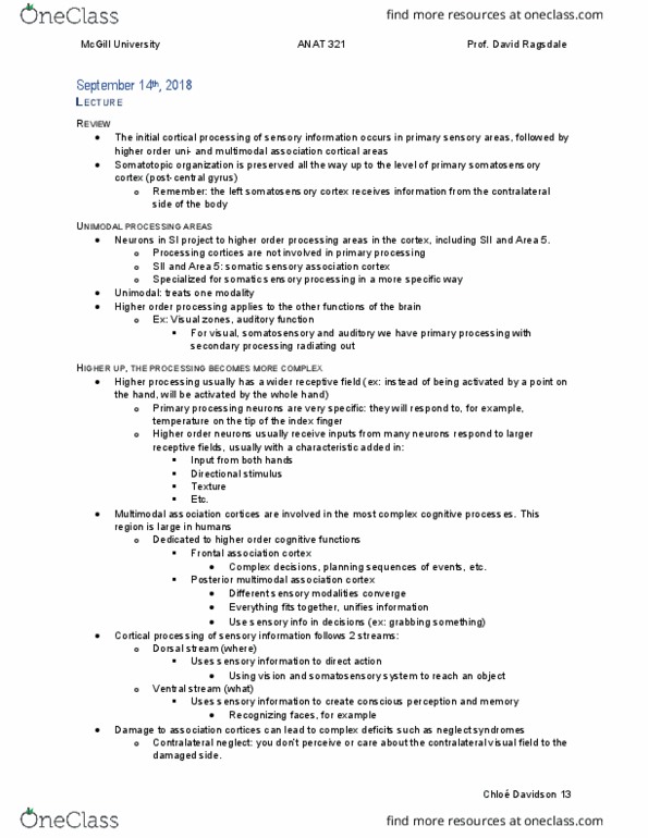 ANAT 321 Lecture Notes - Lecture 5: Postcentral Gyrus, David Ragsdale, Somatosensory System thumbnail