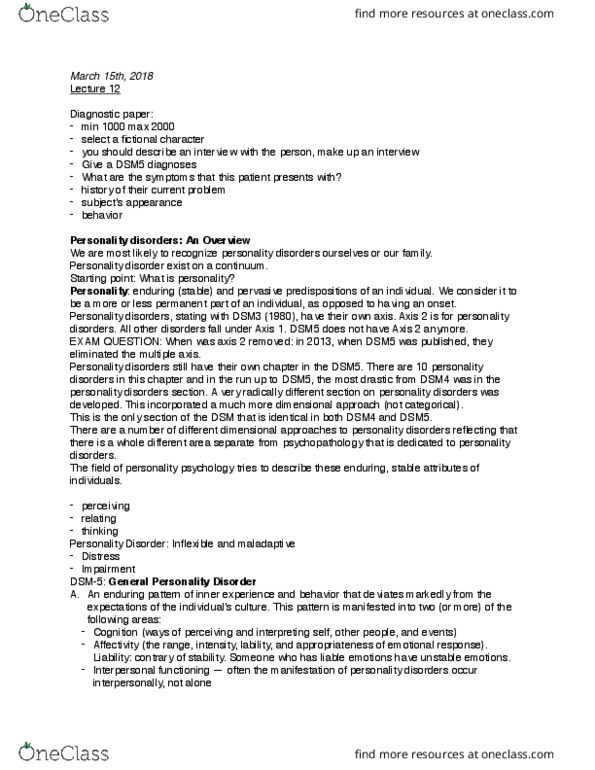 CAS PS 371 Lecture Notes - Lecture 12: Personality Disorder, Dsm-5, Mental Disorder thumbnail