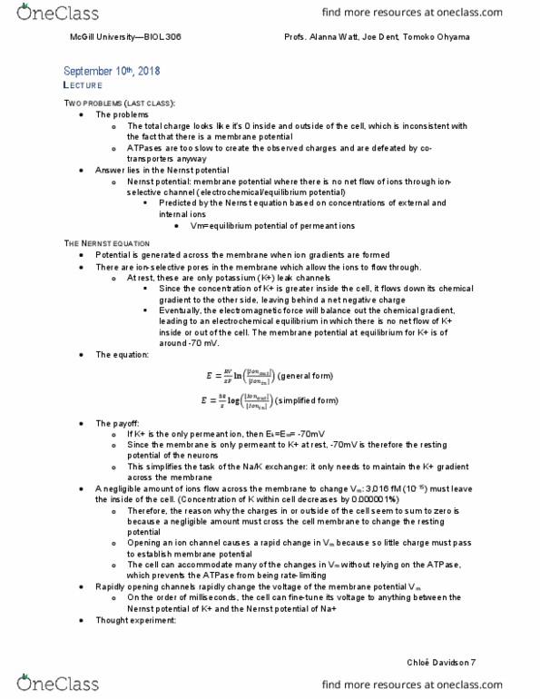BIOL 306 Lecture Notes - Lecture 3: Nernst Equation, Reversal Potential, Electromagnetism thumbnail
