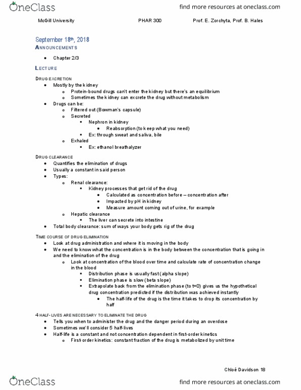 PHAR 300 Lecture Notes - Lecture 5: Breathalyzer, Half-Life, Nephron thumbnail