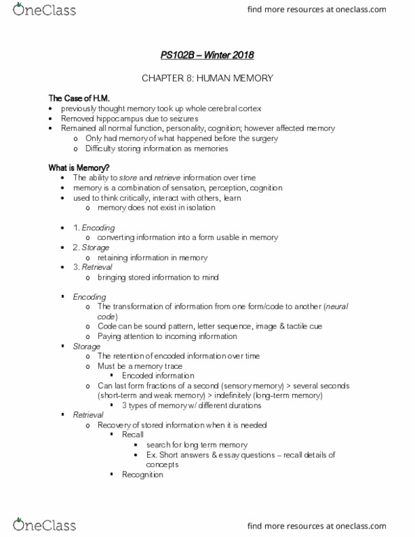 PS102 Chapter Notes - Chapter 8: Long-Term Memory, Episodic Memory, Sensory Memory thumbnail