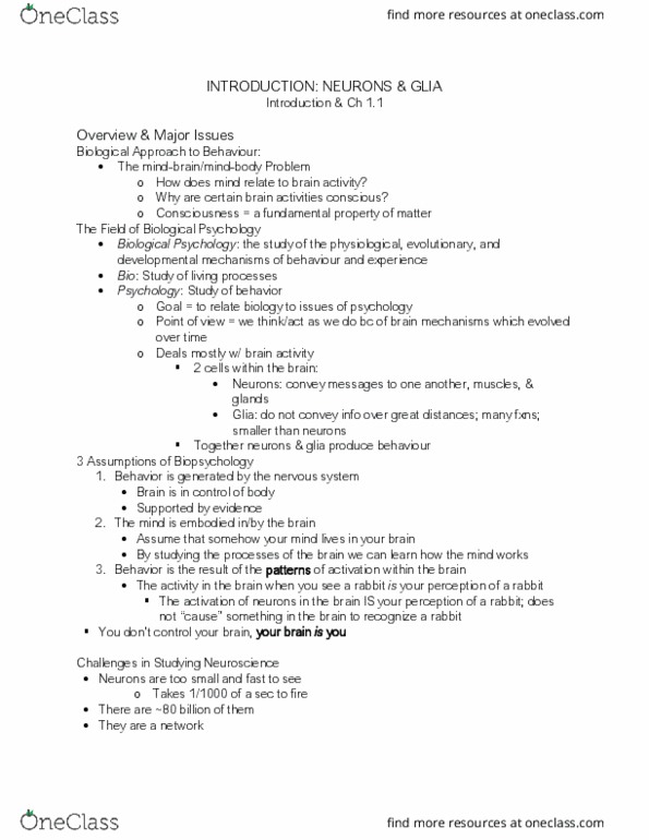 PS263 Chapter Notes - Chapter 1: Neuroglia, Behavioral Neuroscience, Physiological Psychology thumbnail