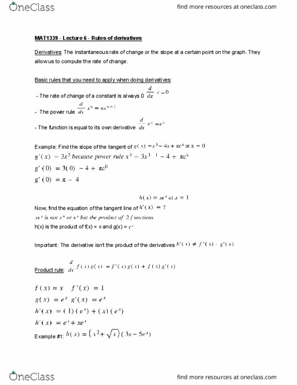 MAT 1339 Lecture Notes - Lecture 6: Power Rule, Product Rule, Quotient Rule cover image