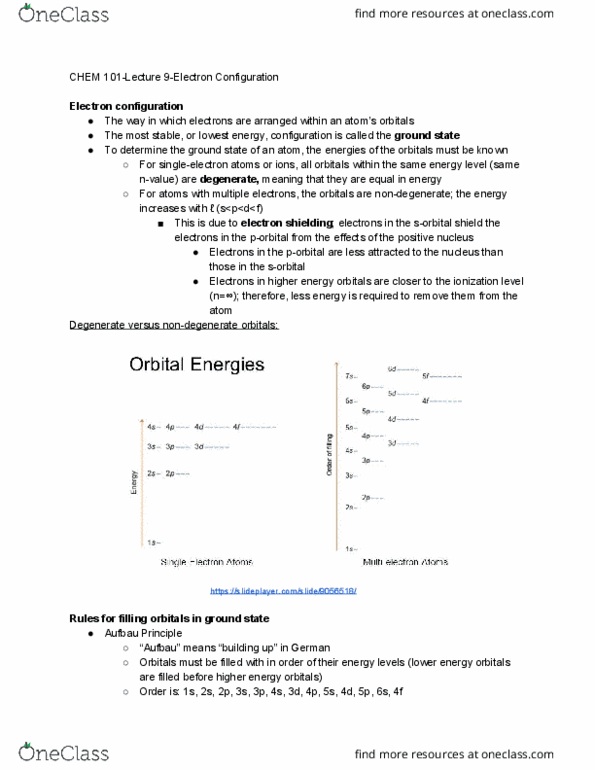 CHEM 101 Lecture Notes - Lecture 9: Electron Configuration, Aufbau Principle, Pauli Exclusion Principle cover image