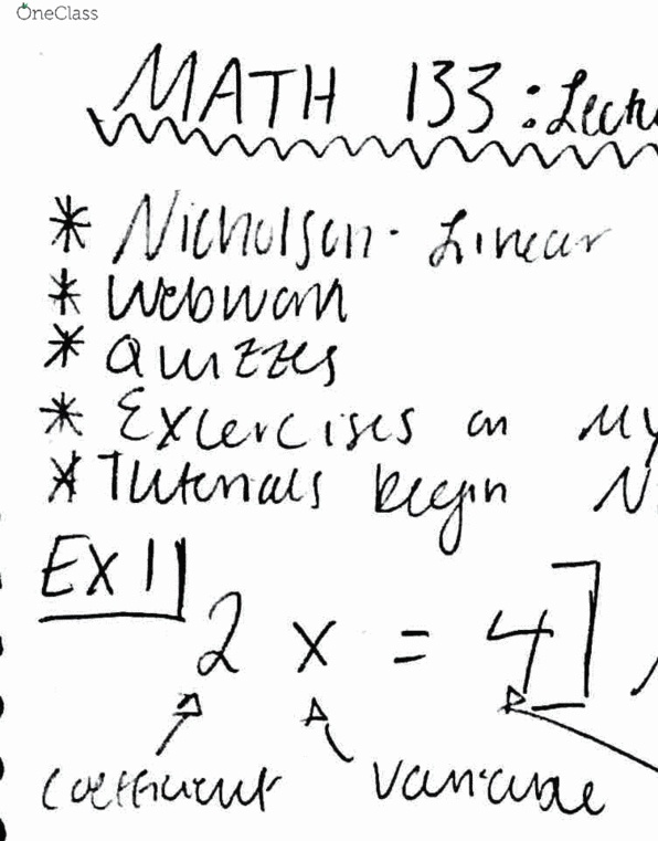 MATH 133 Lecture 1: MATH 133 1.1 SOLUTIONS AND ELEMENTARY OPERATIONS: September 3, 2018) cover image