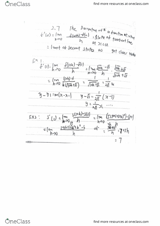 MATH 1131Q Lecture 6: Math 1131Q 2.7 note the derivative of a function at a point cover image