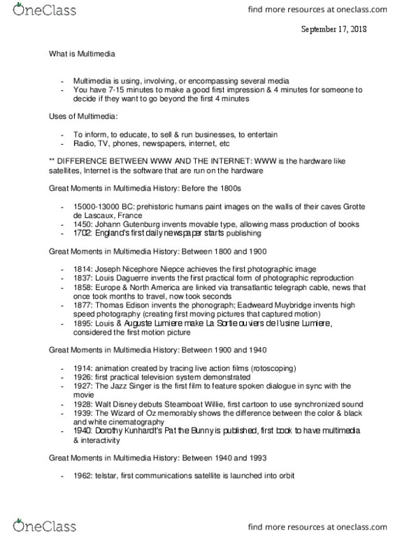 Computer Science 1033A/B Lecture Notes - Lecture 2: Nicéphore Niépce, Transatlantic Telegraph Cable, Eadweard Muybridge thumbnail