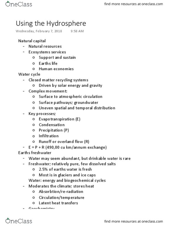 GEOG 125 Lecture Notes - Lecture 6: Latent Heat, Atmospheric Circulation, Hydrosphere thumbnail