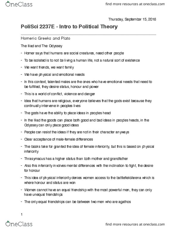 Political Science 2237E Lecture Notes - Lecture 3: Iliad, Machismo thumbnail