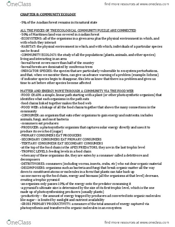 Environmental Science 1021F/G Chapter Notes - Chapter 8: Ecological Pyramid, Species Evenness, Indicator Species thumbnail