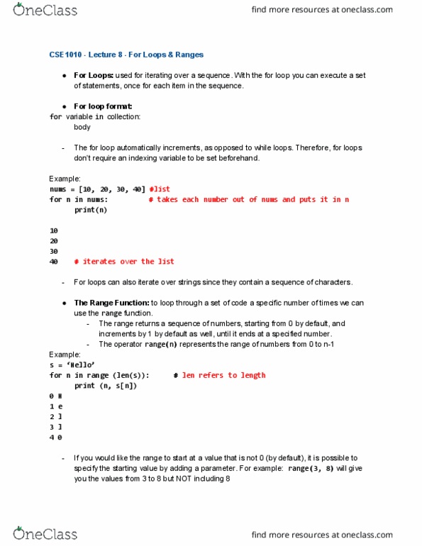 CSE 1010 Lecture Notes - Lecture 8: For Loop cover image