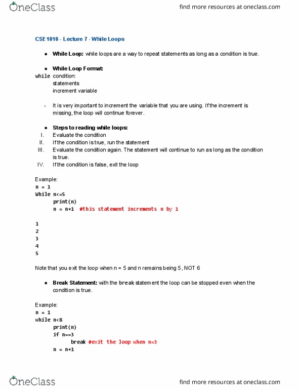 CSE 1010 Lecture 7: CSE1010 Lecture 7 - While Loops cover image