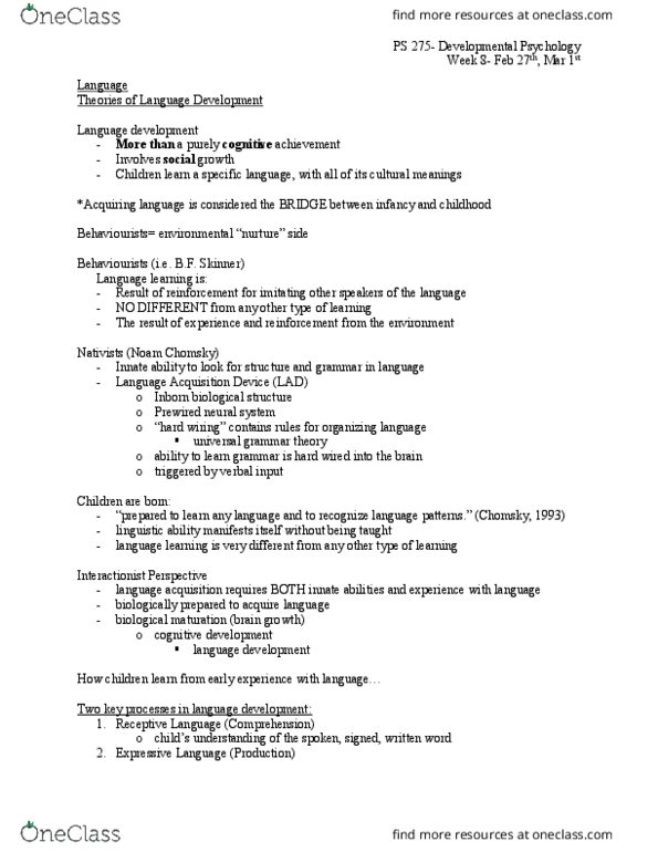 PS275 Lecture Notes - Lecture 16: Noam Chomsky, Functional Theories Of Grammar, Hard Wired thumbnail