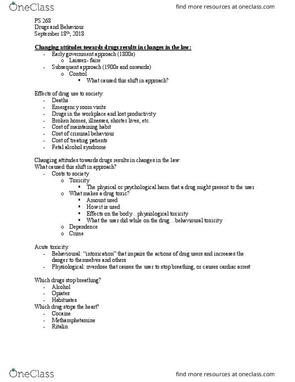 PS268 Lecture Notes - Lecture 2: Fetal Alcohol Spectrum Disorder, Chronic Toxicity, Drug Tolerance thumbnail