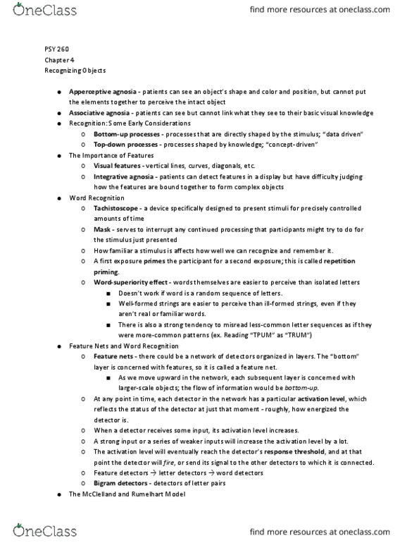 PSY 260 Chapter Notes - Chapter 4: Bigram, Agnosia, Tachistoscope thumbnail