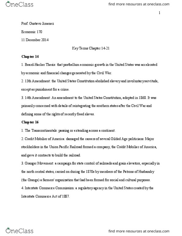 HIST 192 Lecture Notes - Lecture 14: Interstate Commerce Act Of 1887, United States Constitution, Involuntary Servitude thumbnail