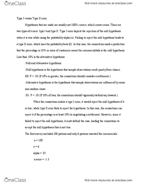 BUS 302 Lecture Notes - Lecture 3: Type I And Type Ii Errors, Null Hypothesis, Alternative Hypothesis thumbnail